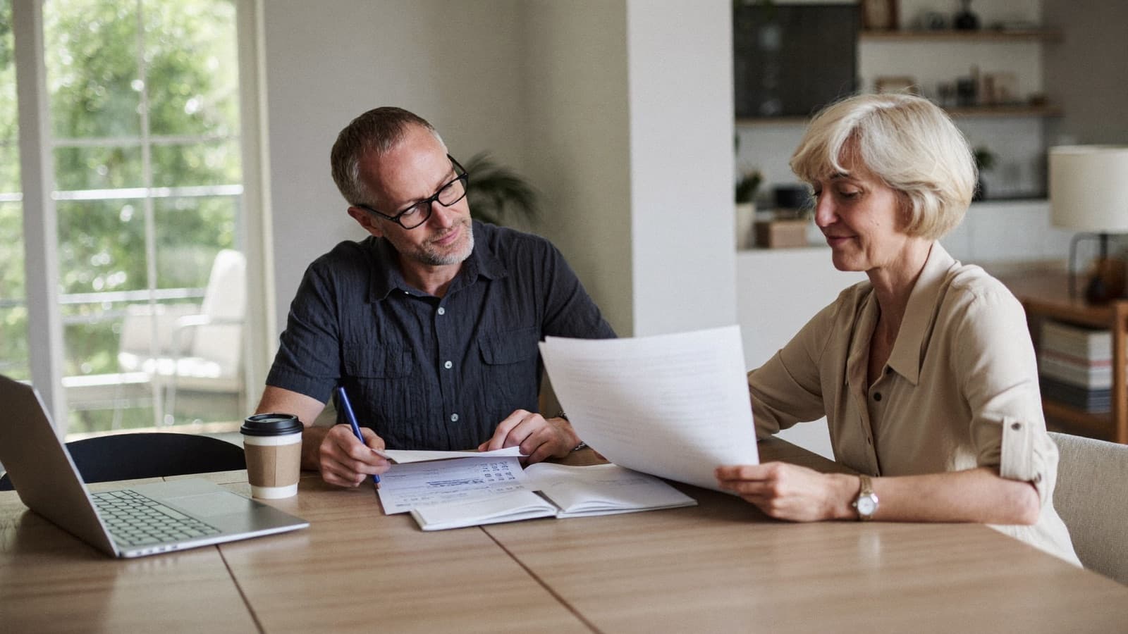 A couple in their early sixties reviewing retirement and insurance documents at home
