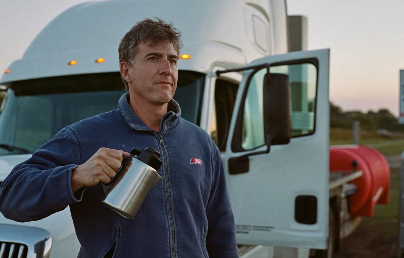 A truck driver at the open door of his cab at dawn